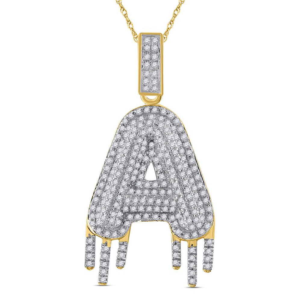 10K YELLOW GOLD ROUND DIAMOND DRIPPING LETTER A CHARM PENDANT 3/4 CTTW