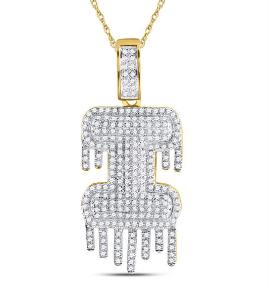 10K YELLOW GOLD ROUND DIAMOND I DRIPPING LETTER CHARM PENDANT 3/4 CTTW