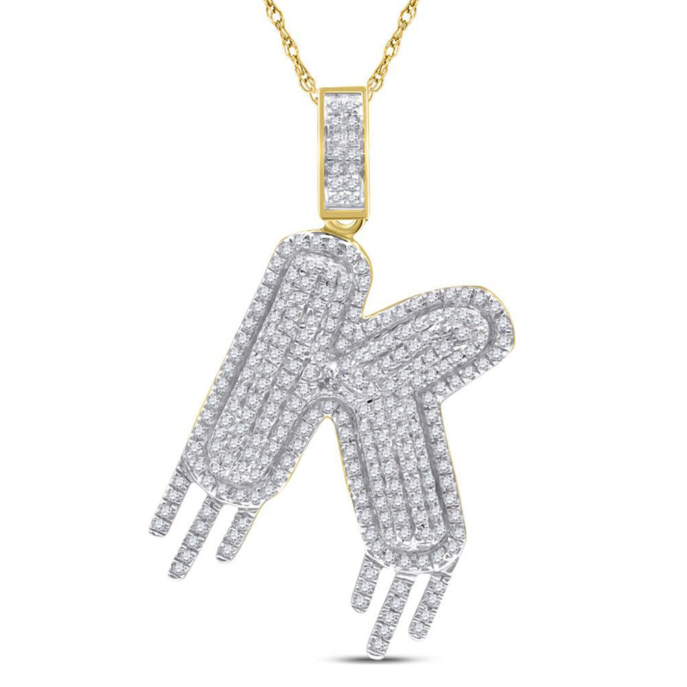10K YELLOW GOLD ROUND DIAMOND K DRIPPING LETTER CHARM PENDANT 3/4 CTTW