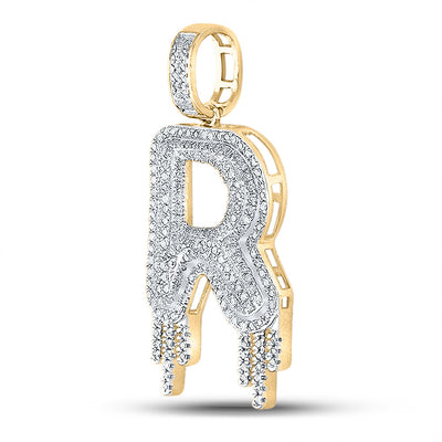 10K YELLOW GOLD ROUND DIAMOND DRIPPING R LETTER CHARM PENDANT 3/4 CTTW