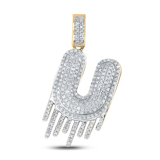 10K YELLOW GOLD ROUND DIAMOND DRIPPING U LETTER CHARM PENDANT 3/4 CTTW