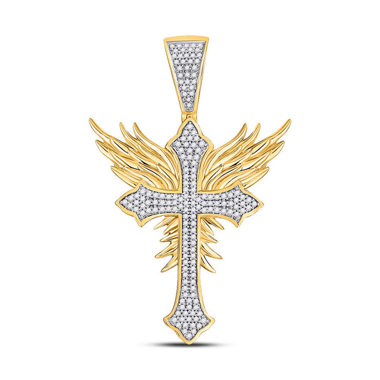 10K YELLOW GOLD ROUND DIAMOND GOTHIC CROSS BLAZE WINGS CHARM PENDANT 1/2 CTTW