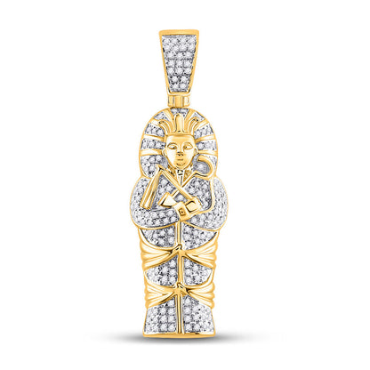 10K YELLOW GOLD ROUND DIAMOND SARCOPHAGUS MUMMY PHARAOH CHARM PENDANT 3/8 CTTW