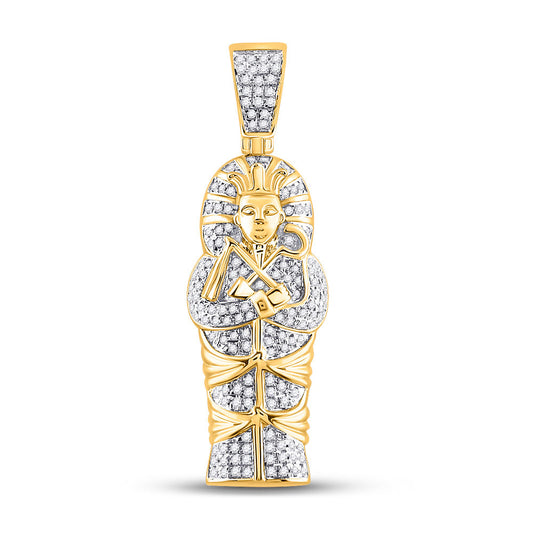 10K YELLOW GOLD ROUND DIAMOND SARCOPHAGUS MUMMY PHARAOH CHARM PENDANT 3/8 CTTW