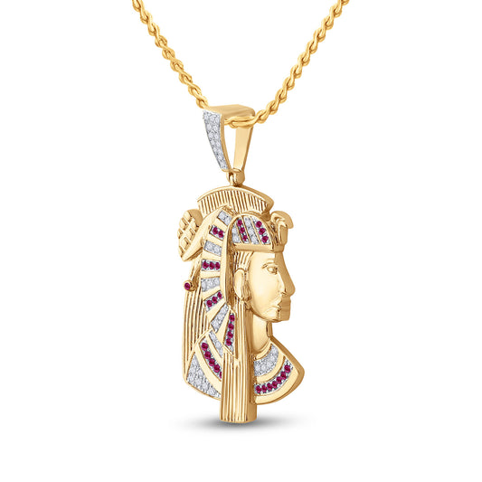 10KT YELLOW GOLD ROUND RUBY DIAMOND PHARAOH CHARM PENDANT 1 CTTW