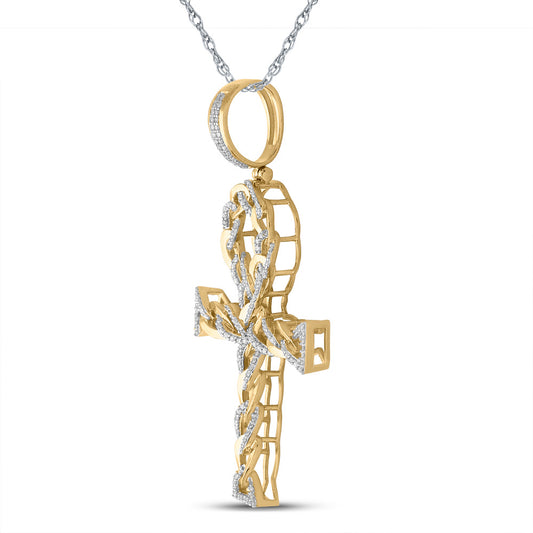 10K YELLOW GOLD ROUND DIAMOND ANKH CROSS CHARM PENDANT 3/8 CTTW