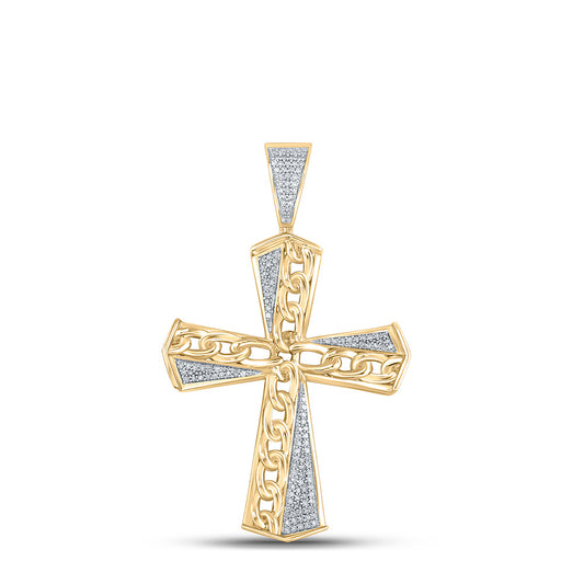 10K YELLOW GOLD ROUND DIAMOND CUBAN LINK CROSS CHARM PENDANT 1/3 CTTW