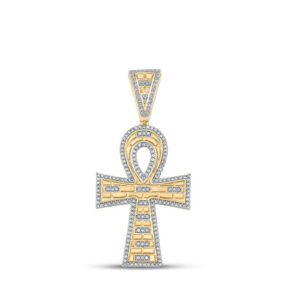 10K YELLOW GOLD ROUND DIAMOND ANKH CROSS CHARM PENDANT 1/2 CTTW