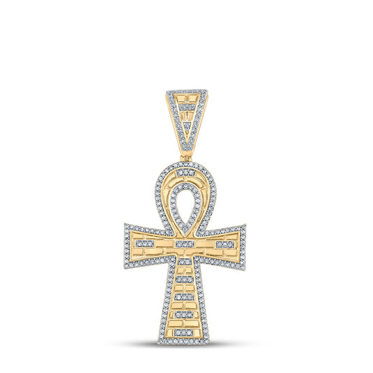 10K YELLOW GOLD ROUND DIAMOND ANKH CROSS CHARM PENDANT 1/2 CTTW