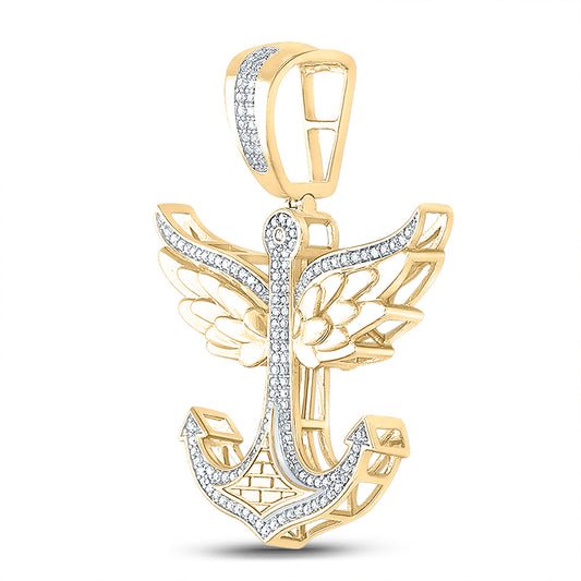 10K YELLOW GOLD ROUND DIAMOND ANCHOR WINGS CHARM PENDANT 1/3 CTTW