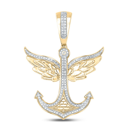 10K YELLOW GOLD ROUND DIAMOND ANCHOR WINGS CHARM PENDANT 1/3 CTTW