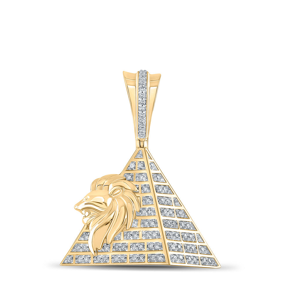 10K YELLOW GOLD ROUND DIAMOND LION PYRAMID CHARM PENDANT 1/4 CTTW