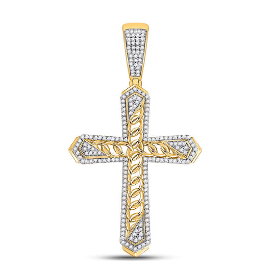 10K YELLOW GOLD ROUND DIAMOND CUBAN LINK CROSS CHARM PENDANT 1/2 CTTW