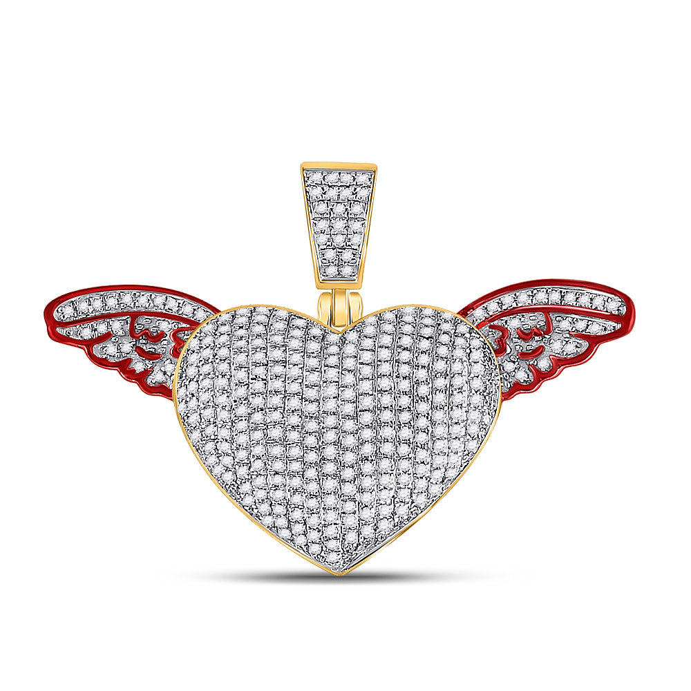 10K YELLOW GOLD ROUND DIAMOND WINGED HEART CHARM PENDANT 1 CTW