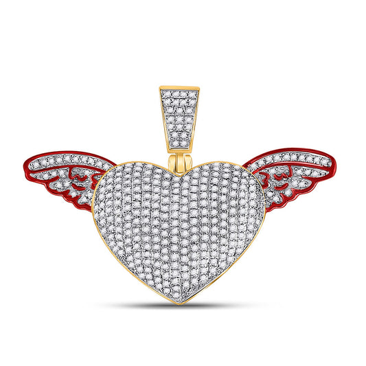 10K YELLOW GOLD ROUND DIAMOND WINGED HEART CHARM PENDANT 1 CTW