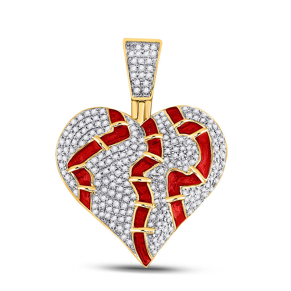 10K YELLOW GOLD ROUND DIAMOND BROKEN STITCHED HEART CHARM PENDANT 3/4 CTTW