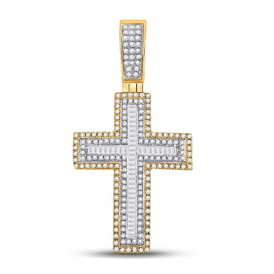 10K YELLOW GOLD BAGUETTE DIAMOND CROSS CHARM PENDANT 7/8 CTTW