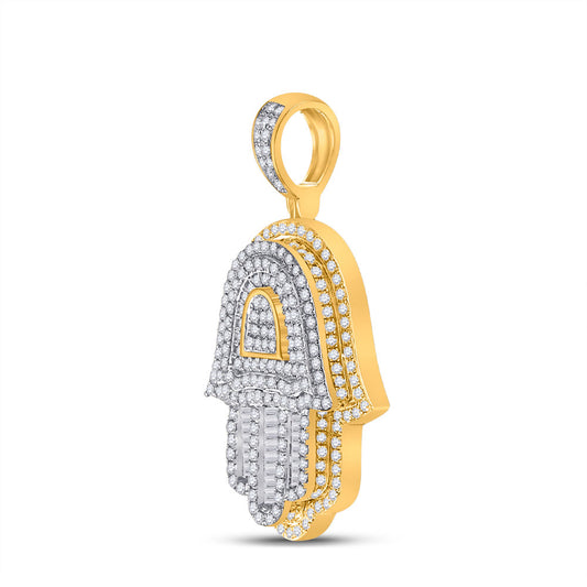 10K YELLOW GOLD BAGUETTE DIAMOND HAMSA HAND CHARM PENDANT 1-1/3 CTTW