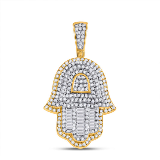 10K YELLOW GOLD BAGUETTE DIAMOND HAMSA HAND CHARM PENDANT 1-1/3 CTTW