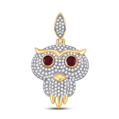 14K YELLOW GOLD ROUND RUBY DIAMOND OWL BIRD CHARM PENDANT 2-5/8 CTTW
