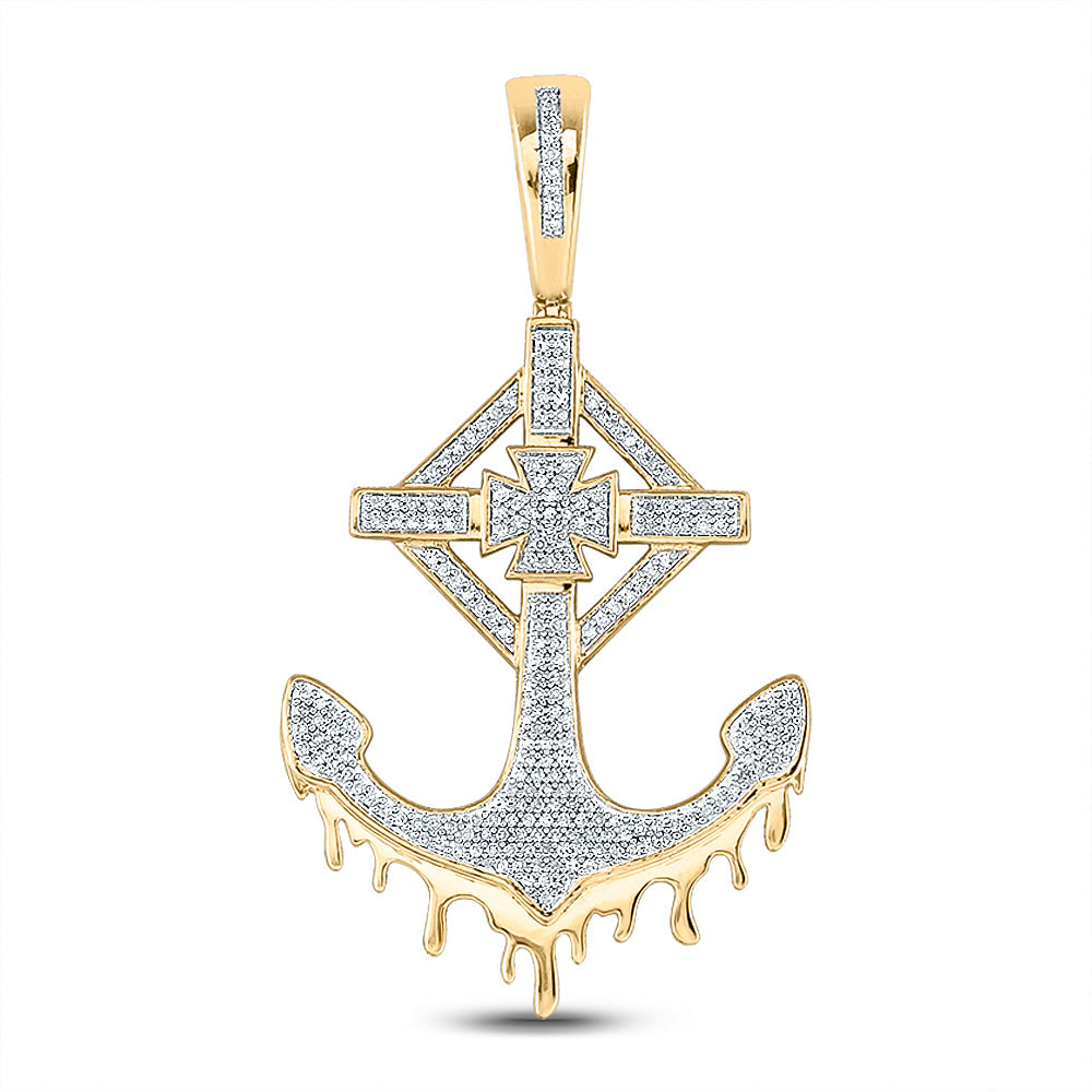 10K YELLOW GOLD ROUND DIAMOND ANCHOR CROSS CHARM PENDANT 1/2 CTTW