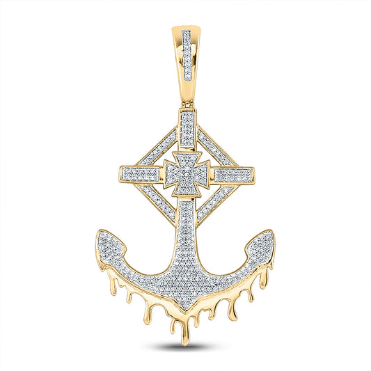 10K YELLOW GOLD ROUND DIAMOND ANCHOR CROSS CHARM PENDANT 1/2 CTTW