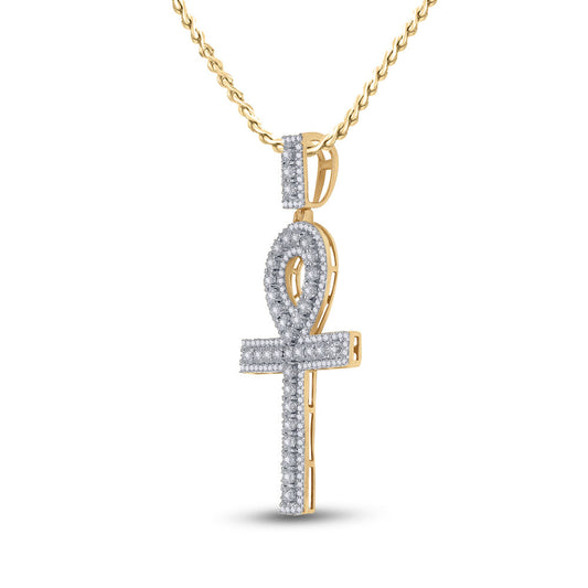 10K YELLOW GOLD ROUND DIAMOND ANKH CROSS CHARM PENDANT 1 CTTW