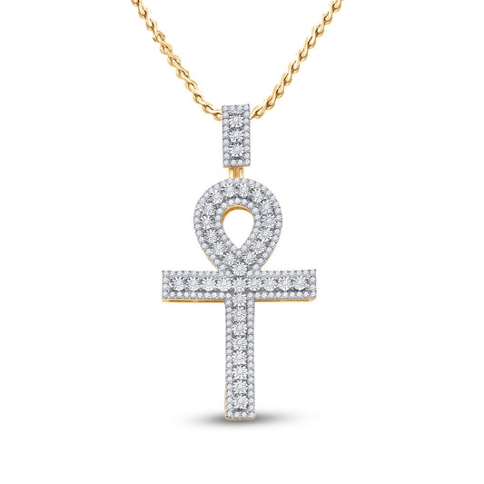 10K YELLOW GOLD ROUND DIAMOND ANKH CROSS CHARM PENDANT 1 CTTW