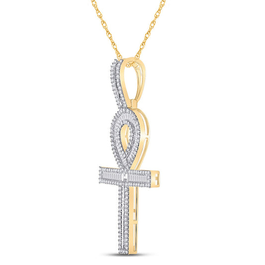 10K YELLOW GOLD BAGUETTE DIAMOND ANKH CROSS CHARM PENDANT 1-1/2 CTTW