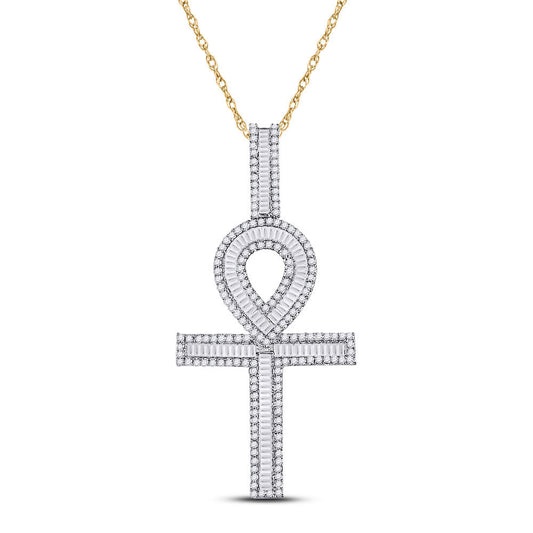 10K YELLOW GOLD BAGUETTE DIAMOND ANKH CROSS CHARM PENDANT 1-1/2 CTTW