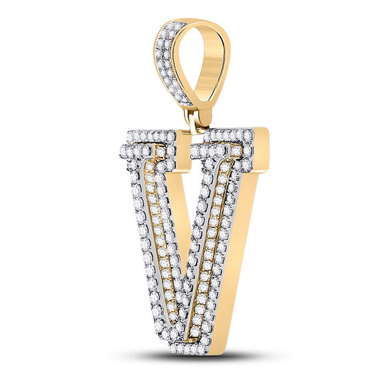 10K YELLOW GOLD ROUND DIAMOND LETTER V CHARM PENDANT 1-3/4 CTTW