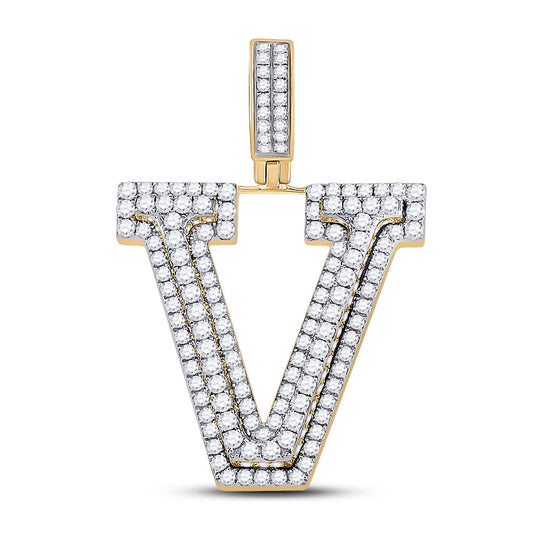 10K YELLOW GOLD ROUND DIAMOND LETTER V CHARM PENDANT 1-3/4 CTTW