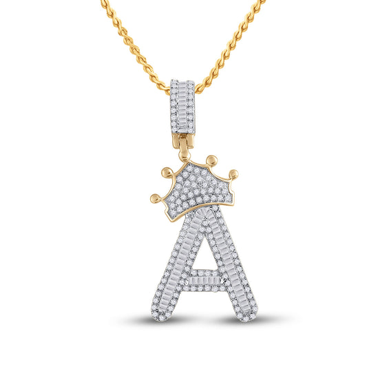 10K YELLOW GOLD BAGUETTE DIAMOND CROWN A LETTER CHARM PENDANT 7/8 CTTW