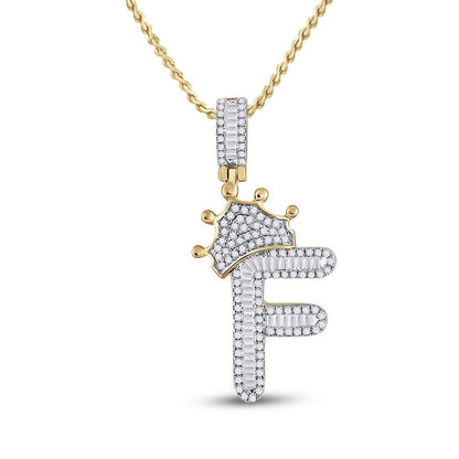 10K YELLOW GOLD BAGUETTE DIAMOND CROWN F LETTER CHARM PENDANT 5/8 CTTW