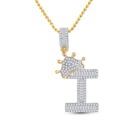 10K YELLOW GOLD BAGUETTE DIAMOND CROWN I LETTER CHARM PENDANT 5/8 CTTW