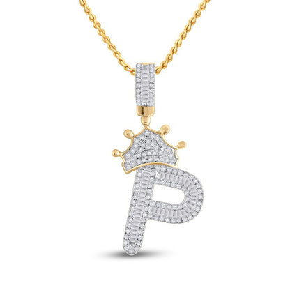 10K YELLOW GOLD BAGUETTE DIAMOND CROWN P LETTER CHARM PENDANT 5/8 CTTW