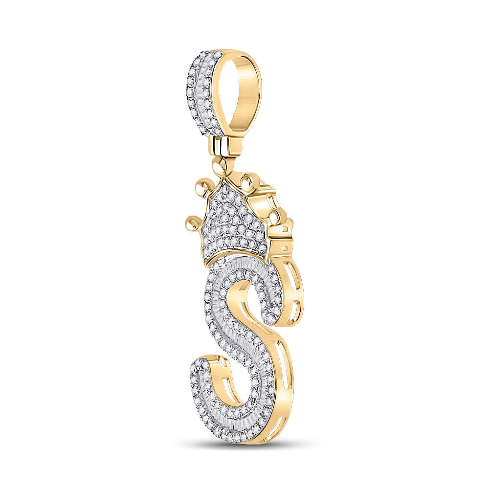 10K YELLOW GOLD BAGUETTE DIAMOND CROWN S LETTER CHARM PENDANT 3/4 CTTW
