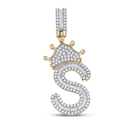 10K YELLOW GOLD BAGUETTE DIAMOND CROWN S LETTER CHARM PENDANT 3/4 CTTW