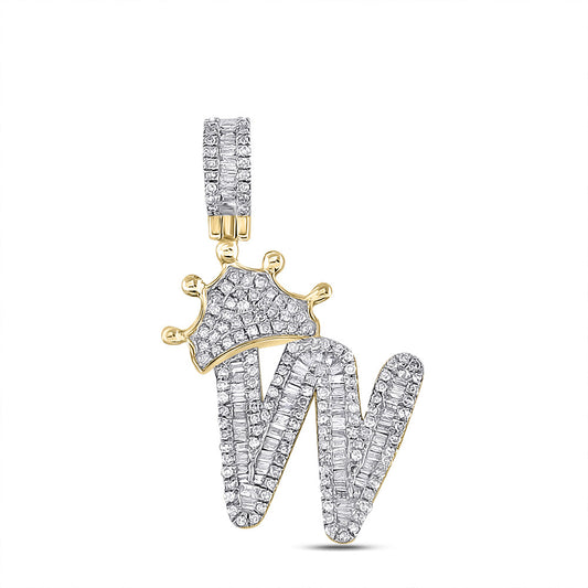 10K YELLOW GOLD BAGUETTE DIAMOND CROWN W LETTER CHARM PENDANT 7/8 CTTW
