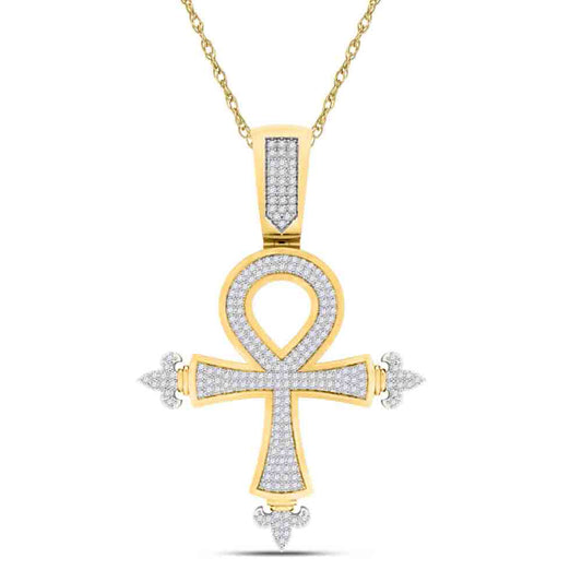 10K YELLOW GOLD ROUND DIAMOND ANKH CROSS CHARM PENDANT 1/2 CTTW