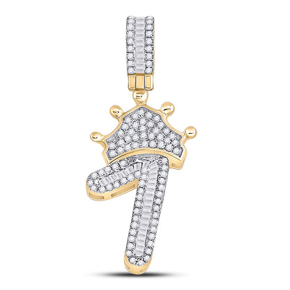 10K YELLOW GOLD BAGUETTE DIAMOND NUMBER 1 CROWN CHARM PENDANT 1/2 CTTW