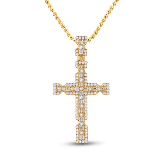14K YELLOW GOLD BAGUETTE DIAMOND CROSS CHARM PENDANT 1-3/8 CTTW