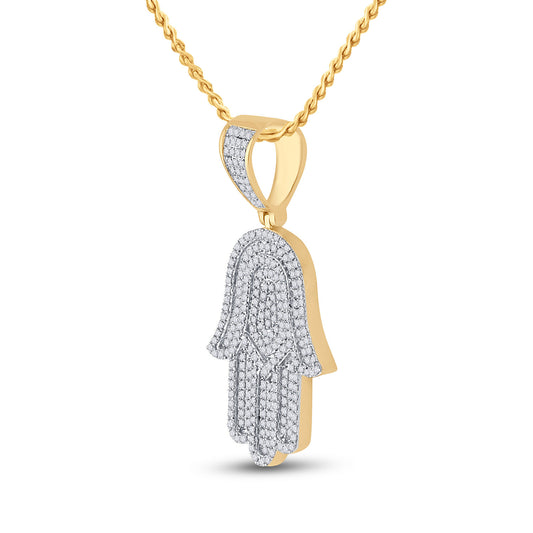 14K YELLOW GOLD ROUND DIAMOND HAMSA HAND CHARM PENDANT 3/4 CTTW