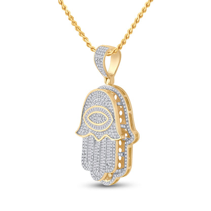 14K YELLOW GOLD BAGUETTE DIAMOND EYE FATIMA HAMSA CHARM PENDANT 1-1/2 CTTW