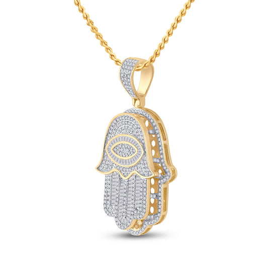 14K YELLOW GOLD BAGUETTE DIAMOND EYE FATIMA HAMSA CHARM PENDANT 1-1/2 CTTW