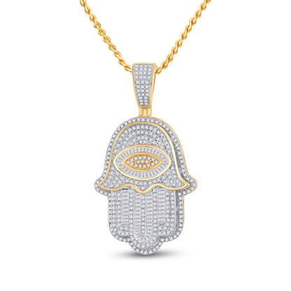 14K YELLOW GOLD BAGUETTE DIAMOND EYE FATIMA HAMSA CHARM PENDANT 1-1/2 CTTW