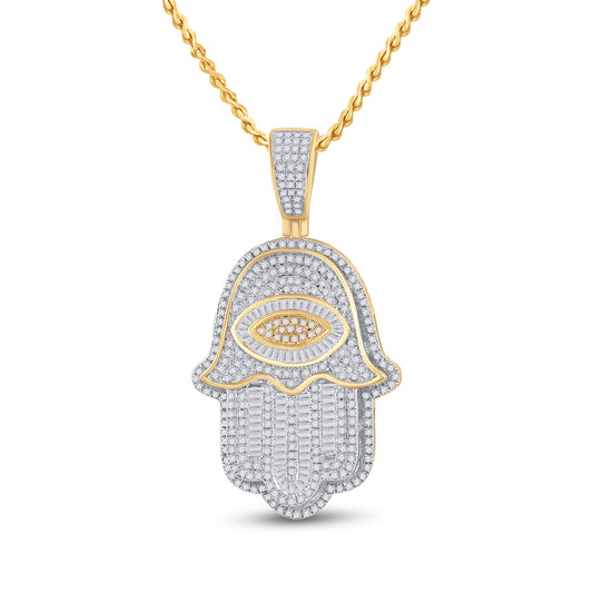 14K YELLOW GOLD BAGUETTE DIAMOND EYE FATIMA HAMSA CHARM PENDANT 1-1/2 CTTW