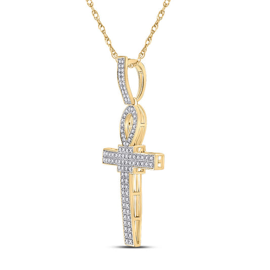 10K YELLOW GOLD ROUND DIAMOND ANKH CROSS CHARM PENDANT 3/8 CTTW