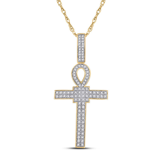 10K YELLOW GOLD ROUND DIAMOND ANKH CROSS CHARM PENDANT 3/8 CTTW