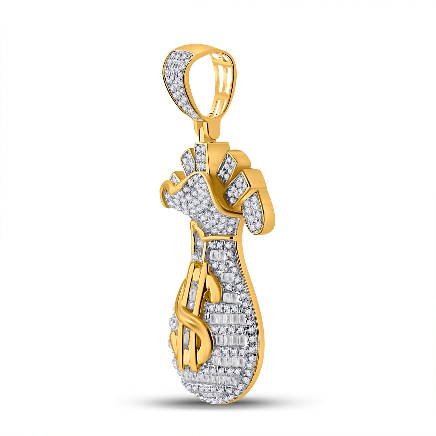 10K YELLOW GOLD ROUND DIAMOND MONEY BAG CHARM PENDANT 1-1/4 CTTW